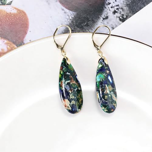 XGALBLA Boho Long Teardrop Stone Dangle Drop Earrings for Women Natural Healing Stone Leverback Earrings Statement Gold Tone - color: Blue&Green- Golden Leverback