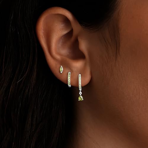 14K Gold Plated Small Huggie Hoop Earrings Set for Women, Hypoallergenic Dainty Sterling Silver Dangle Studs for Cartilage Helix, Lightweight Trendy Cute Stack Birthstone Jewelry Gift - color: 08_Peridot_Aug_Silver