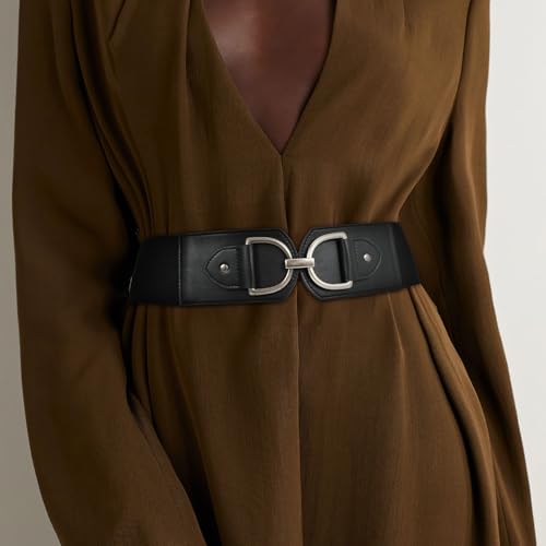 Wide Belts for Women Fashion Elastic Belt for Dresses Vintage Waist Belt Ladies Stretchy Belt Gold Buckle - color: Black(silver), size: Fit Waist Size 40"-43"