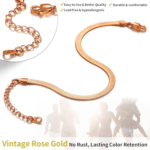 ChainsHouse Ankle Bracelets for Women, Stainless Steel Chain Anklets Waterproof, Women Summer Beach Jewelry Gift, Come with Box - color: 10. 5mm-Herringbone-Rose Gold