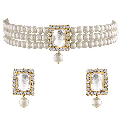 Aheli Ethnic Choker Necklace Earrings Wedding Bollywood Party Jewelry Set Gift for Women - color: White 2