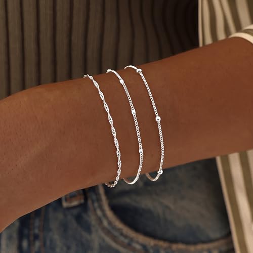 DEARMAY Sterling Silver Plated Bracelets Set for Women Waterproof, Non Tarnish Sterling Silver Link Chain Bracelets Pack Dainty, Fashion Jewelry Gifts for Everyday Comfortable - color: 6Pcs Silver Bracelet B