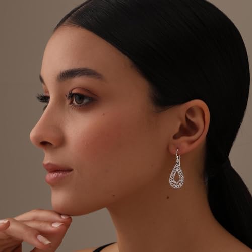 LeCalla Sterling Silver Dangle Earrings for Women | 925 Sterling Silver Long Interlocked Handmade Textured Drop Earring for Women - color: Classic Filigree Drop