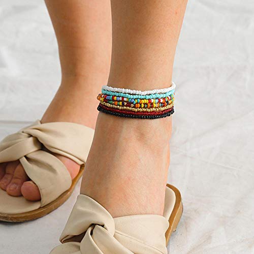 XIJIN 8Pcs Handmade Beaded Anklets for Women Boho Colorful Beads Ankle Bracelets Adjustable Foot Anklet Set - color: I