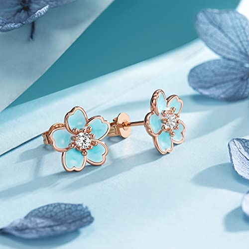 Pink Flower Earrings for Women, 925 Sterling Silver Stud Earrings, Cute Plumeria Earrings For Women, Cherry Blossom Hypoallergenic Stud - color: *Blue