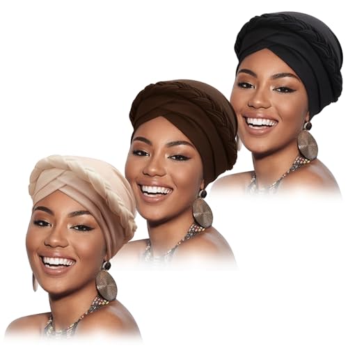 African Women Turban Caps Beanie Pre-Tied Twisted Braids Headwraps for Women Head Scarf Chemo Cancer Headwear Cap - color: 3 Pack Twisted Braid: Apricot/Dark Brown/Black