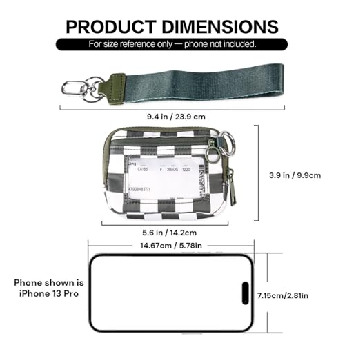 Wristlet Wallet for Women Mini Zip Card Case with Clear ID Window Zipper Coin Purse Lightweight Portable Keychain Wallet - color: Teal Gray Lattice