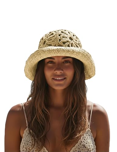 Handmade Women's Crochet Straw Bucket Hat Packable Daisy Beach Cap | Adjustable Inner Drawstring, Airy Lightweight Paper Fiber, Face Shade, Easy Storage, Feminine Openwork Floral Style - color: Beige