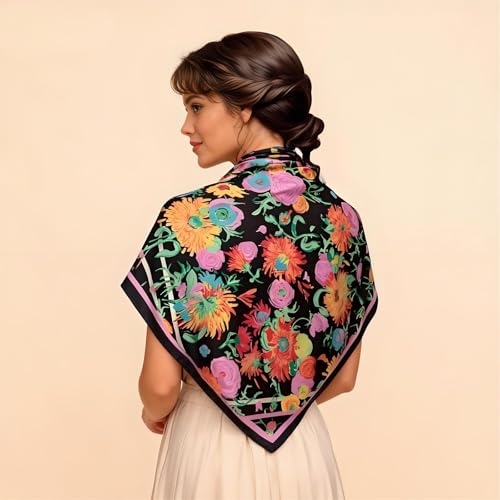 Premium Floral Scarf for Women 35x35 Square Silk Feel-Lightweight Scarves Headscarf Bandanas Wrapping Handbag - color: Hydrangea Flower
