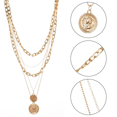 Gold Layered Necklace for Women Chunky Choker Coin Pendant Necklace Pirate Gold Jewelry Necklace 80s 90s
