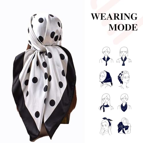 35” Satin Large Square Head Scarves-Like Silk Satin Scarf for Hair Wrapping at Night Bandana Square Scarf for Sleeping - color: Big Polka Point-white