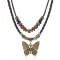 Boho Braided Rope Necklace for Women Vintage Butterfly Feather Adjustable Wooden Beads Layered Necklace Bohemian Wolf Tooth Totem Tribal Ethnic Style Jewelry - style: Butterfly