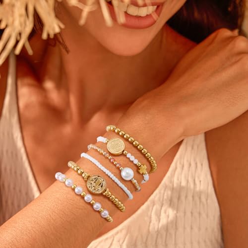 VIBILIA Gold Beaded Bracelets Set for Women 14K Gold Plated Dainty Pearl Cross Bracelet Stack Stretch Bracelet Set Fashion Accessories Gifts - color: 6P-6146K1-White