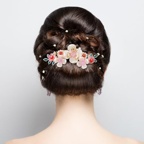 HINZIC Camellia Flower Tassels Hairpin Set for Women, Non-Slip Rhinestone Pearl Clover Hair Clips Headpiece, Retro Chinese Hanfu Wedding Brides Hair Accessories for Long Hair - color: White