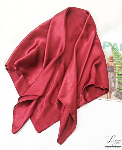 Hioyiwse Satin Square Scarf for Women Solid Color Emulation Silk Handkerchief Hair Ribbon Headband Handbag Purse - color: D5-wine Red(23.6*23.6inch)