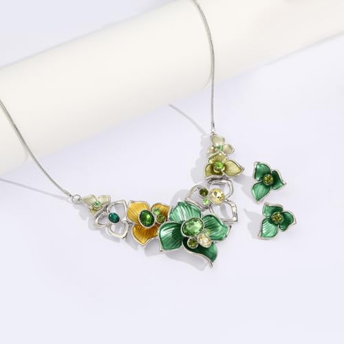 Vintage Chunky Statement Jewelry Set Retro Leaf Floral Geometric Bohemian Boho Bib Necklace Earring Set Fashion Costume Jewelry for Women Girls Wedding Party Prom Unique Gift - style: 3 petal flower JS silver green