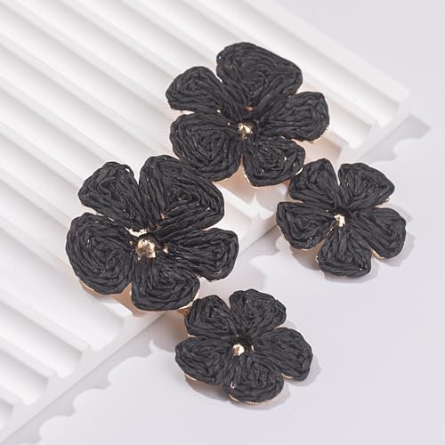 Boho Flower Earrings Statement Raffia Dangle Earrings Cute Floral Jewelry Trendy Summer Beach Vacation Outfits for Women - color: Black