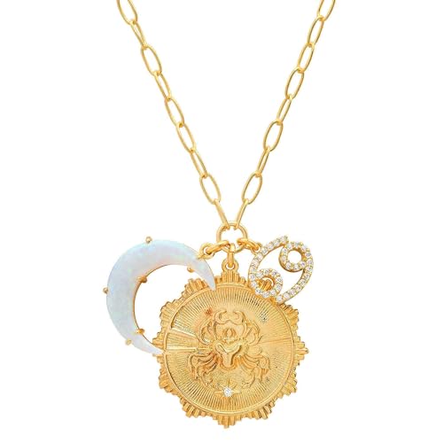 Dainty Gold Zodiac Embossed Coin Opal Crescent Moon Charm Necklace for Women Trendy 18K Gold Plated Retro Paperclip Chain 12 Constellation Horoscope Necklaces Astrology Jewelry Gifts - style: 4.CANCER (JUN 21-JUL 22)
