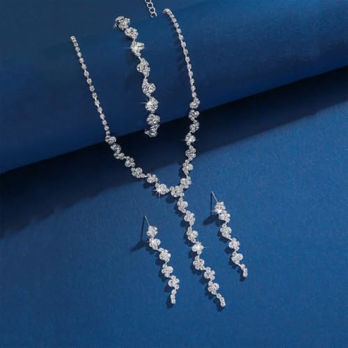 Bridal Wedding Jewelry Set Gold Silver Rhinestone Necklace Earrings Bracelet Set for Brides Bridesmaid Prom Costume Accessories - color: Silver