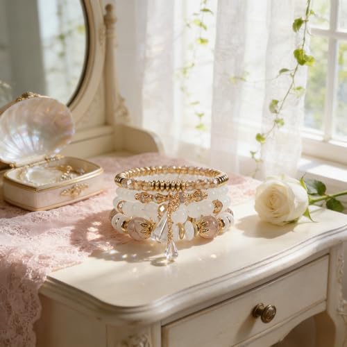 Bohemian Bracelet Sets for Women - 4-Pack Stackable Stretch Bead Bracelets with Black＆White Crystal & Gold Accessories, Multi-Layer Boho Jewelry - color: white
