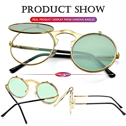 AIEYEZO Round Flip Up Sunglasses for Men and Women Rave Flip Glasses 90's Retro Steampunk Style - color: Gold/Clear Green