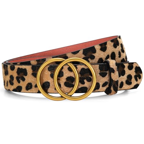 SANSTHS Womens Leather Belt for Jeans Pants Fashion Waist Belts Gold Silver Double Ring Buckle - color: B-leopard-fixed Buckle, size: Fits Waist 41-46 inch