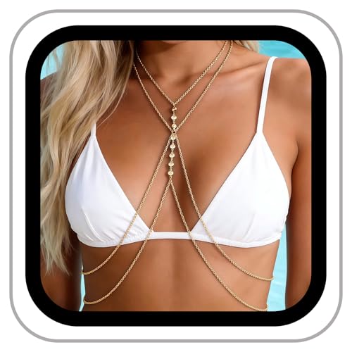 14k Gold Plated Cross Waist Body Chain for Women, Sexy Bra Body Chains & Belly Chain, Waist Beach Jewelry for Vacation Accessories - style: 8 diamonds - gold