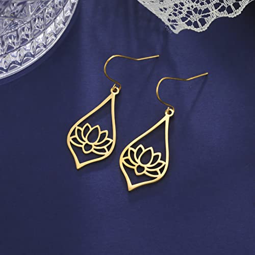TEAMER Stainless Steel Lotus Flower Dangle Earrings Bohemian Drop Earring Unique Geometric Jewelry for Women - color: Lotus 3-Gold