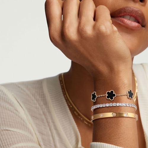 Womens Stackable Floral Gold Bracelets - 3Pcs 18K Gold Plated Bracelet,Stainless Steel Bangle Bracelets Non Tarnish, Gold Bracelet Set Trendy Jewelry,Christmas Valentines Birthday Gifts for Girlfriend - color: Black