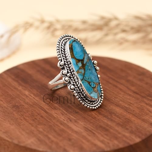 925 Sterling Silver Blue Copper Turquoise Ring for Women – Handmade Oval Statement Ring with Purple Turquoise Option, Vintage Boho Jewelry Gift