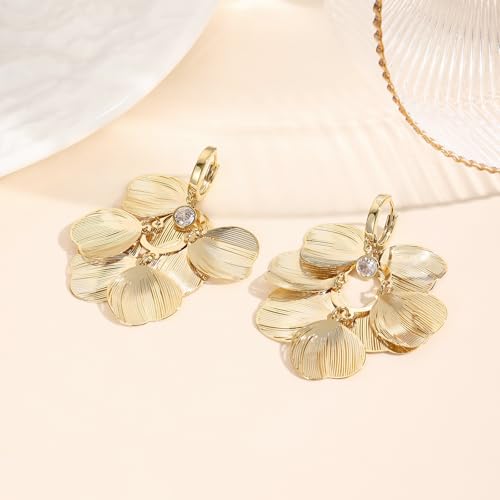 Boho Flower Layered Floral Leaf Drop Dangle Earring For Women,Metal CZ Gold Lightweight Flower Bohemian Gold Petal Exaggerated Jewelry Earrings For Women Brides Party Prom Wedding - color: Gold