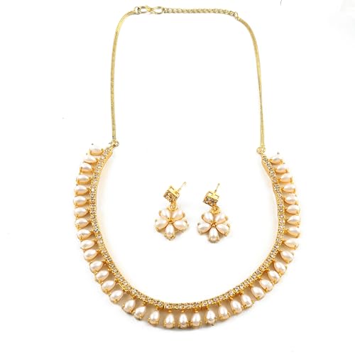 JewarHaat Indian Bollywood Necklace Set AD CZ Elegant Gold Plated Multi Stones Sparkling Crystals Choker with Earrings Fashion Jewellery for Women & Girls - color: Pearl/Moti