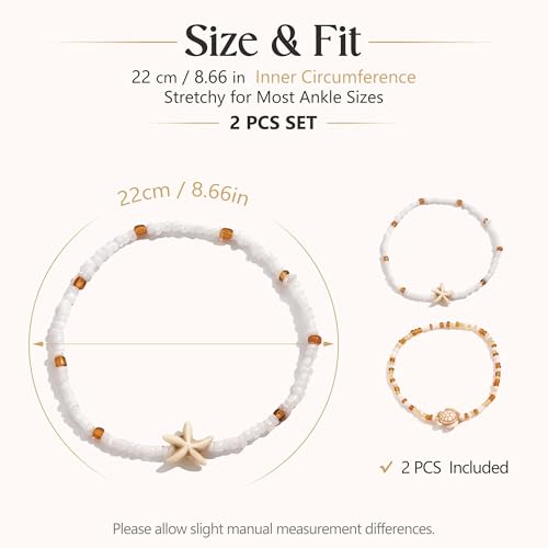 Fesciory Shell Ankle Bracelets for Women, Gold Plated Boho Anklet Set with Pearl Beads Starfish Conch Seashell, Adjustable Summer Beach Hawaiian Foot Jewelry Gift - style: Turtle 2Pcs