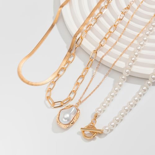 Layered Pearl Necklace for Women,Chunky Baroque Pearl Statement Necklace,Gold Irregular Bead Necklace Vintage Jewelry