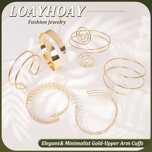 6PCS Gold Arm Cuff for Women Upper Arm Cuff Bracelets Adjustable Open Cuff Bangle Bracelet Minimalist Coil Swirl Upper Arm Bands Armband Set - style: Style C