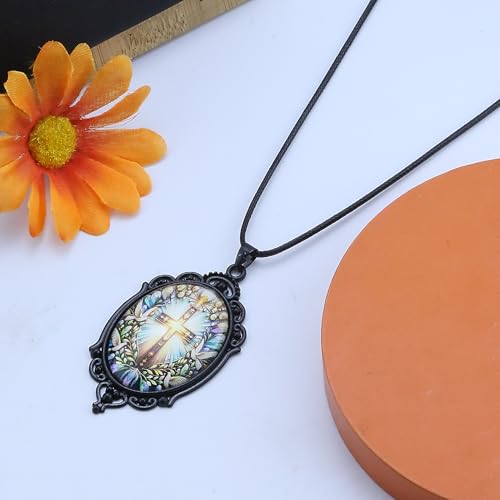 Halloween Gothic Witch Necklaces Cross Glass Pendant Necklace for Women Punk Vintage Black Dark Oval Cameo Necklace Witch Emo Necklaces Halloween Jewelry Witch Accessories 2025 - style: Cross