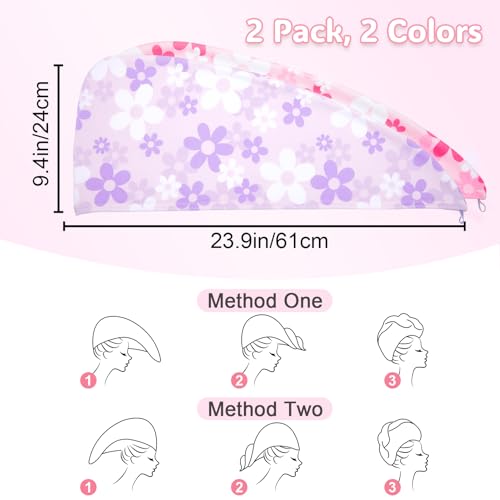 Basumee Microfiber Hair Towel Wrap for Kids 2 Pack Rapid Drying Hair Towel with Button Hair Turbans for Wet Hair Wraps Head Towel Wrap for Women and Girls - color: Pink White Purple Flowers
