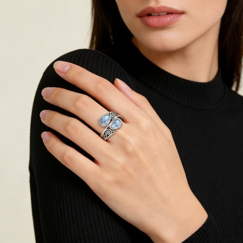 Adjustable Thumb Rings for Women Vintage Moonstone Obsidian Turquoise, Spoon Style Adjustable Ring Gift for Her, Sister, Mom – Natural Gemstone Jewelry - style: Moonstone Flower Ring