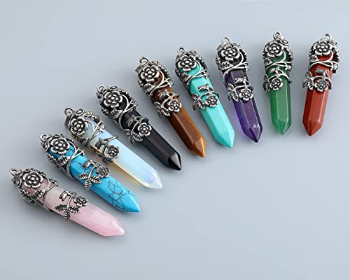 Top Plaza Antique Silver Flower Wrapped Natural Quartz Gemstone Healing Crystal Necklace 5pcs/Set - color: 5pcs/set