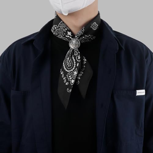 Western Bandana Scarf With Vintage Coin Buckle, Paisley Pattern Neck Scarf for Men Pocket Square Cowboy Scarves - color: Black