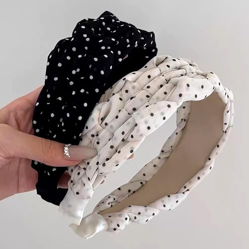 2 Pack Polka Dot Headbands for Women, Vintage Black White Braided Hair Bands, Wide Knot Hair Hoops, Soft Fabric Non-Slip Headpiece for Face Wash Makeup Daily Wear - color: Type 18