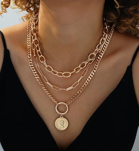 iF YOU Vintage Gold Layered Necklaces for Women Trendy, Chunky Cuban Link Paperclip Chains Necklace Stack, Coin Pendant Necklace Set Jewelry Gifts - style: Chunky gold coin paperclip