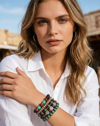 5pcs Wooden Bead Bracelet Set with Charm and Tassel for Men & Women - Stackable Boho Bracelets, Amber Color Scheme Adjustable Bracelet - color: Brown Cyan