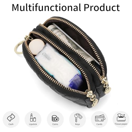 SENDEFN Women's Coin Purse Genuine Leather Wallet Small 2 Zippers Change Pouch Purse with Keychain Ring - color: 2-Black