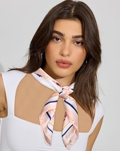 AWAYTR 27.5” Square Satin Head Scarf Hair Scarf for Women's Hair Silk Bandana for Women Silk Head Wrap for Sleeping - color: Cashew Print (Pink)