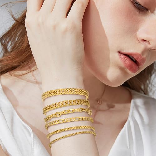 XIANNVXI 6pcs Bracelets for Men Gifts for Him Stainless Steel Bracelet Silver/Gold/Black Cuban Link Rope Paperclip Chain Bracelets Set 6.5/7/7.5/8.3/9 Inches Metal Bracelet Mens Fashion Accessories Jewelry Gifts Set - color: Gold, size: 6.5 in-Women X-Sma
