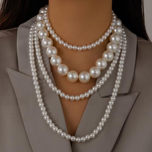 Layered Pearl Necklaces for Women Big Pearl Long Chain Necklace Dainty Faux Pearl Necklaces Statement Sweater Strand Chain Jewelry - style: 4Layer