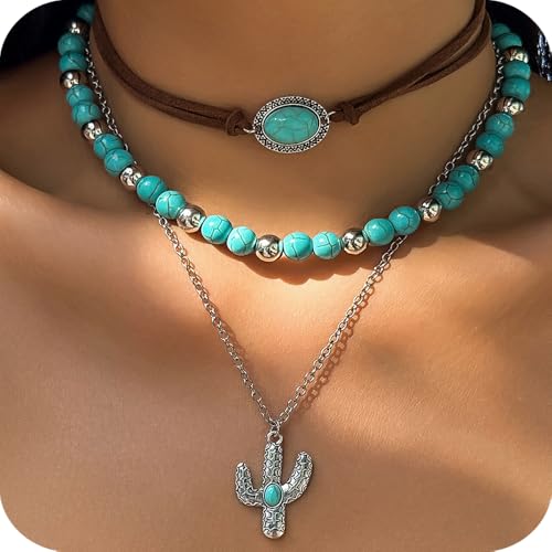 Fuqimanman2020 Boho Layered Western Necklaces for Women Cowgirl Cactus Turquoise Beaded Ox-head Hat Pendant Country Concert Jewelry - color: D