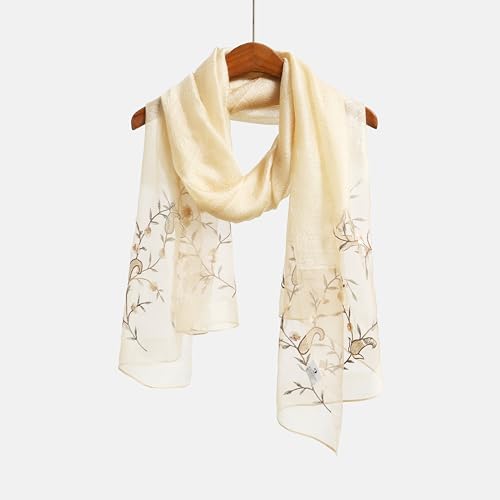 Jeelow Silk Blend Floral Fashion Scarf Shawl Wrap Lightweight Sheer For Women Floral Embroidery Wedding Party Prom - color: Khaki