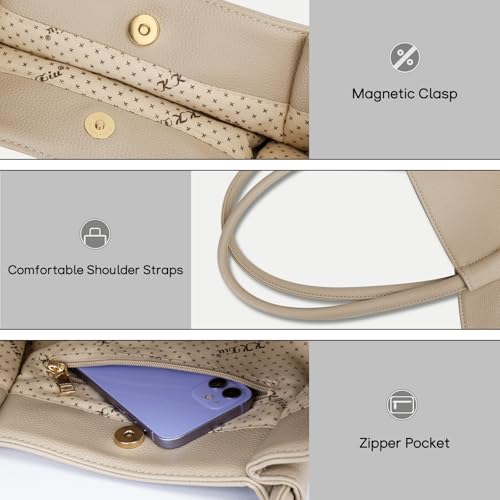 KKXIU Tote Bag for Women Vegan Leather Shoulder Purse Large Capacity Travel Bag - color: Beige